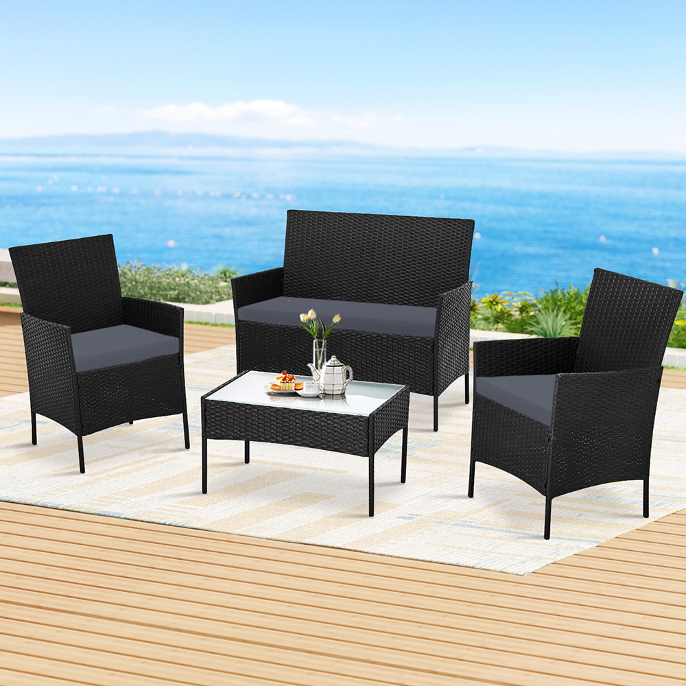 ODF-PATIO-17007-GR-AB-16194-07 Gardeon 4 Seater Outdoor Sofa Set Wicker Setting Table Chair Furniture Dark Grey - Image 1