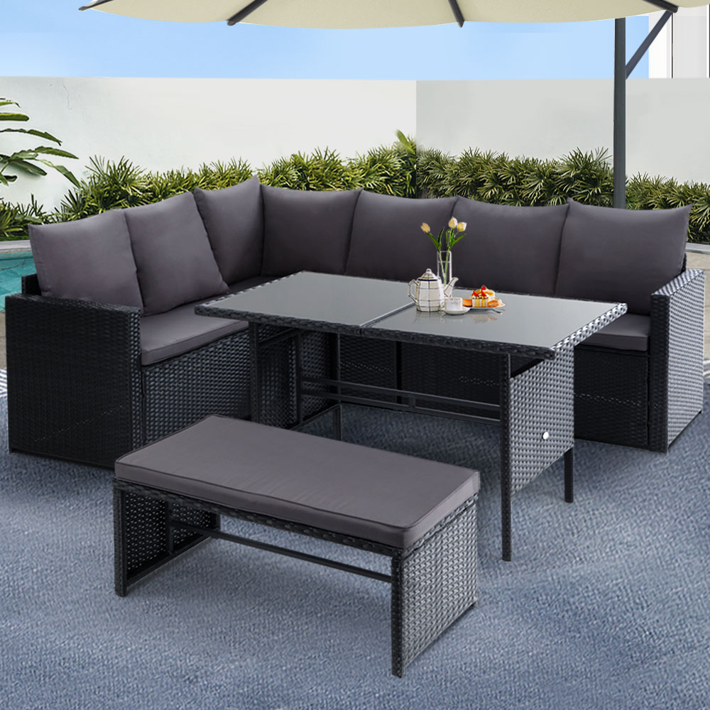 ODF-SDBOSS-1BENCH-BK-202502281620-00 Gardeon Outdoor Furniture Dining Setting Sofa Set Lounge Wicker 8 Seater Black - Image 1
