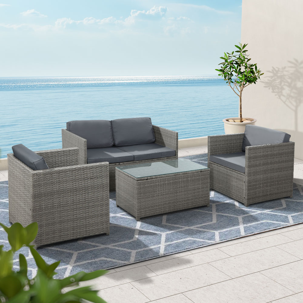 ODF-SOFA-4PCS-HJ-GE-AB-202502281538-00 Gardeon 4-Piece Outdoor Sofa Set Wicker Couch Lounge Setting Grey - Image 1