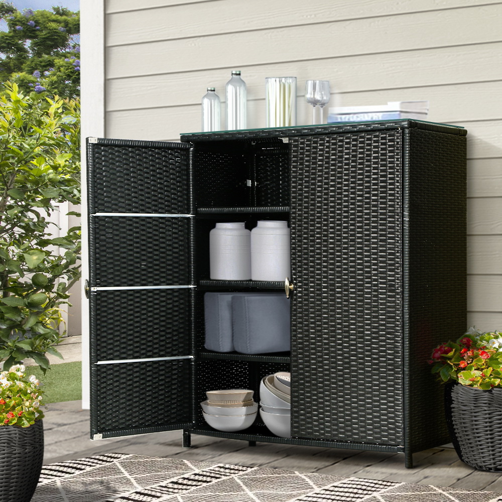 OSB-CABI-RATTAN-BK-53576-08 Gardeon Outdoor Storage Cabinet Box Garage Wicker Shelf Chest Garden Shed Tools - Image 1