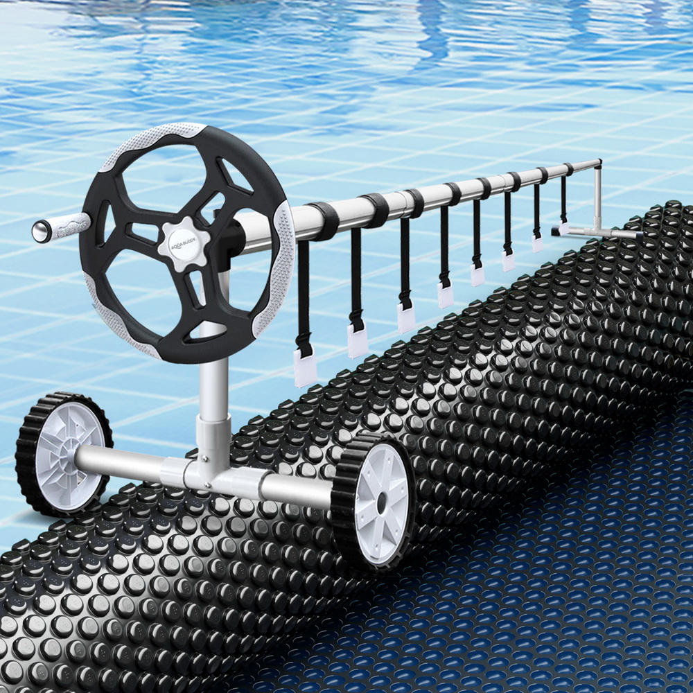PC-95X50-L-BK-BL-ROLLER-191829-04 Aqua Buddy Pool Cover 600 Micron 9.5x5m w/ Roller 5.55m Swimming Pools Black Solar Blanket - Image 1