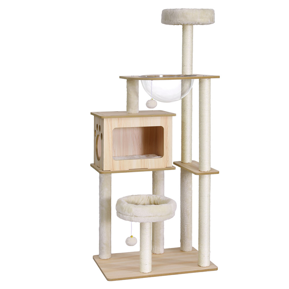 PET-CAT-WOOD142-BE-191761-00 i.Pet Cat Tree Tower Scratching Post Scratcher 142cm Wood Bed Condo House - Image 1
