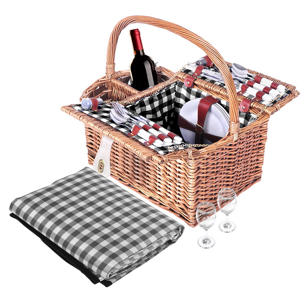 PICNIC-4PPL-BASKET-BK-00 Alfresco 4 Person Picnic Basket Set Insulated Outdoor Blanket Bag - Image 1