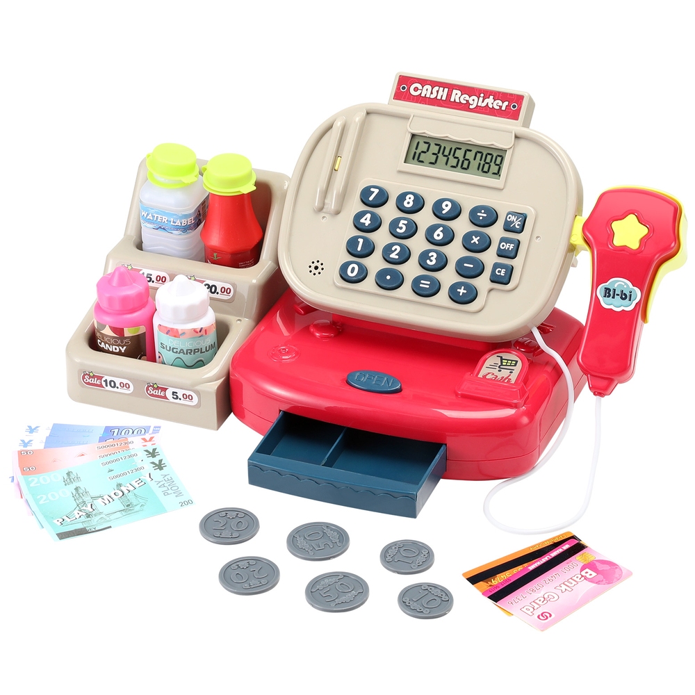 PLAY-CASH-CFL-183581-00 Keezi Kids Cash Register Calculator Pretend Play Shops Money Checkout Toys Set - Image 1