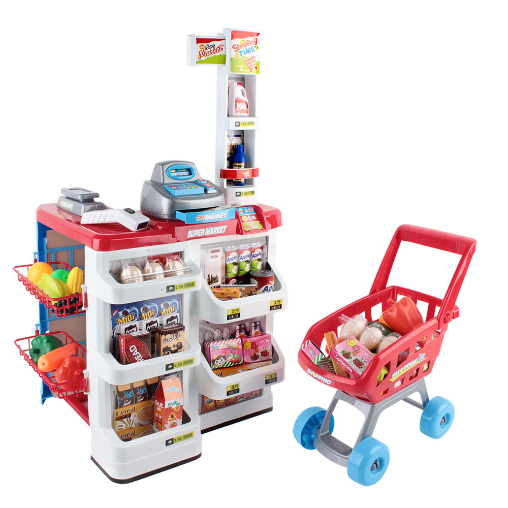 PLAY-MARKET-TROLLEY-00 Keezi Kids Pretend Role Play Supermarket 24 Piece Playset Cash Register Trolley - Image 1