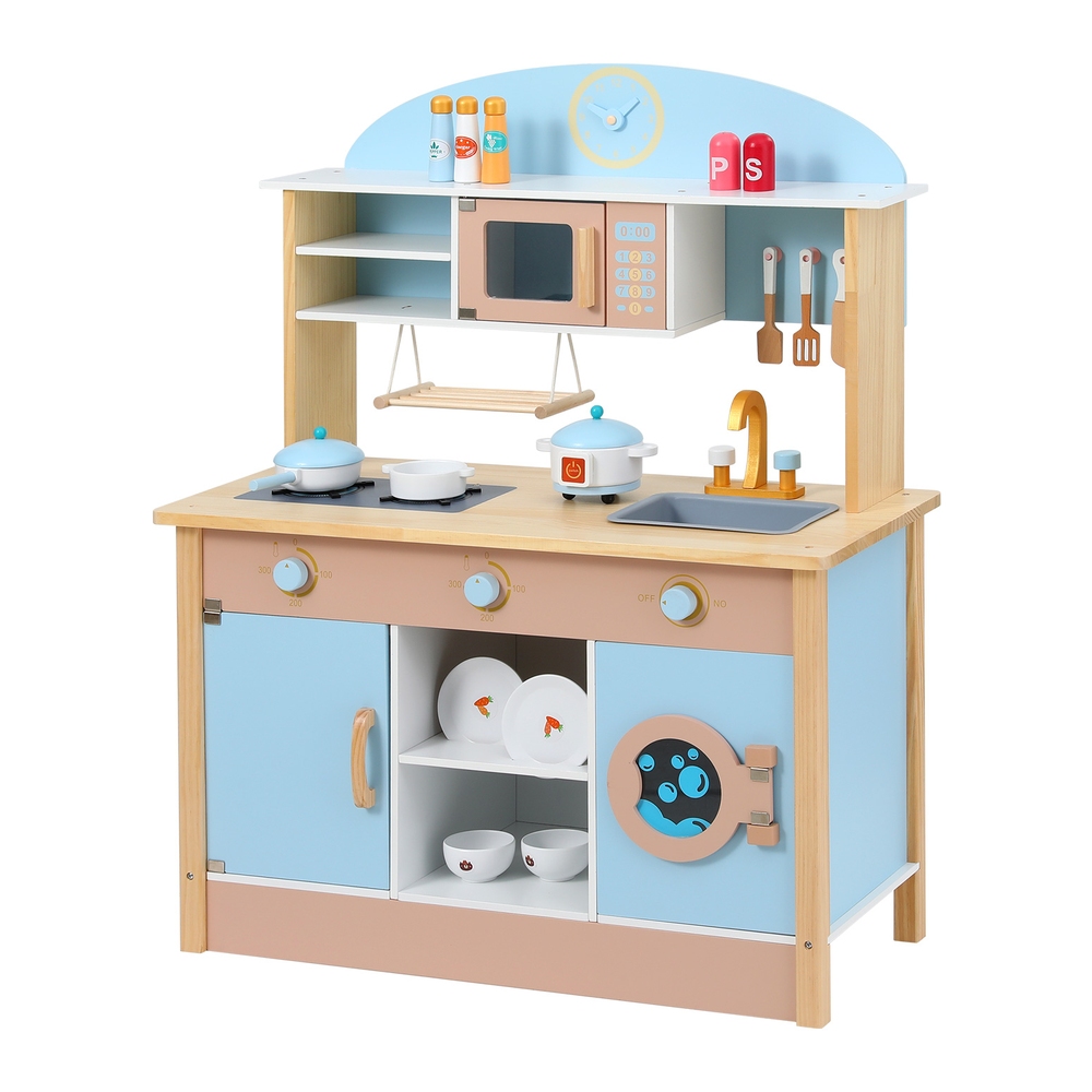 PLAY-WOOD-MICROWAVE-BL-189529-00 Keezi Kids Wooden Pretend Kitchen Play Sets Cooking Toys Pot Pan Bowls Oven Dishwasher 80CM Blue - Image 1