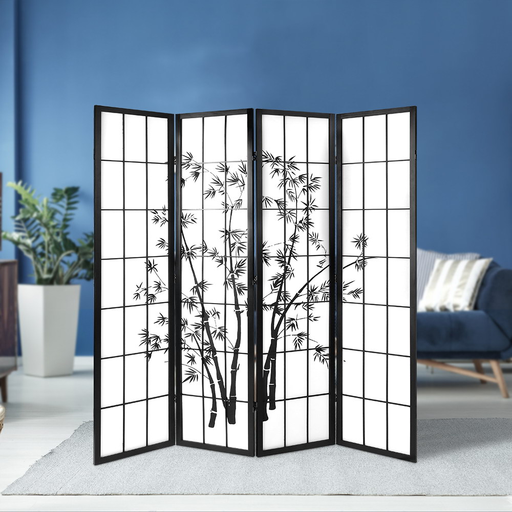 RD-5019-4P-BK-202502281404-00 Artiss 4 Panel Room Divider Screen 174x179cm Bamboo Black White - Image 1