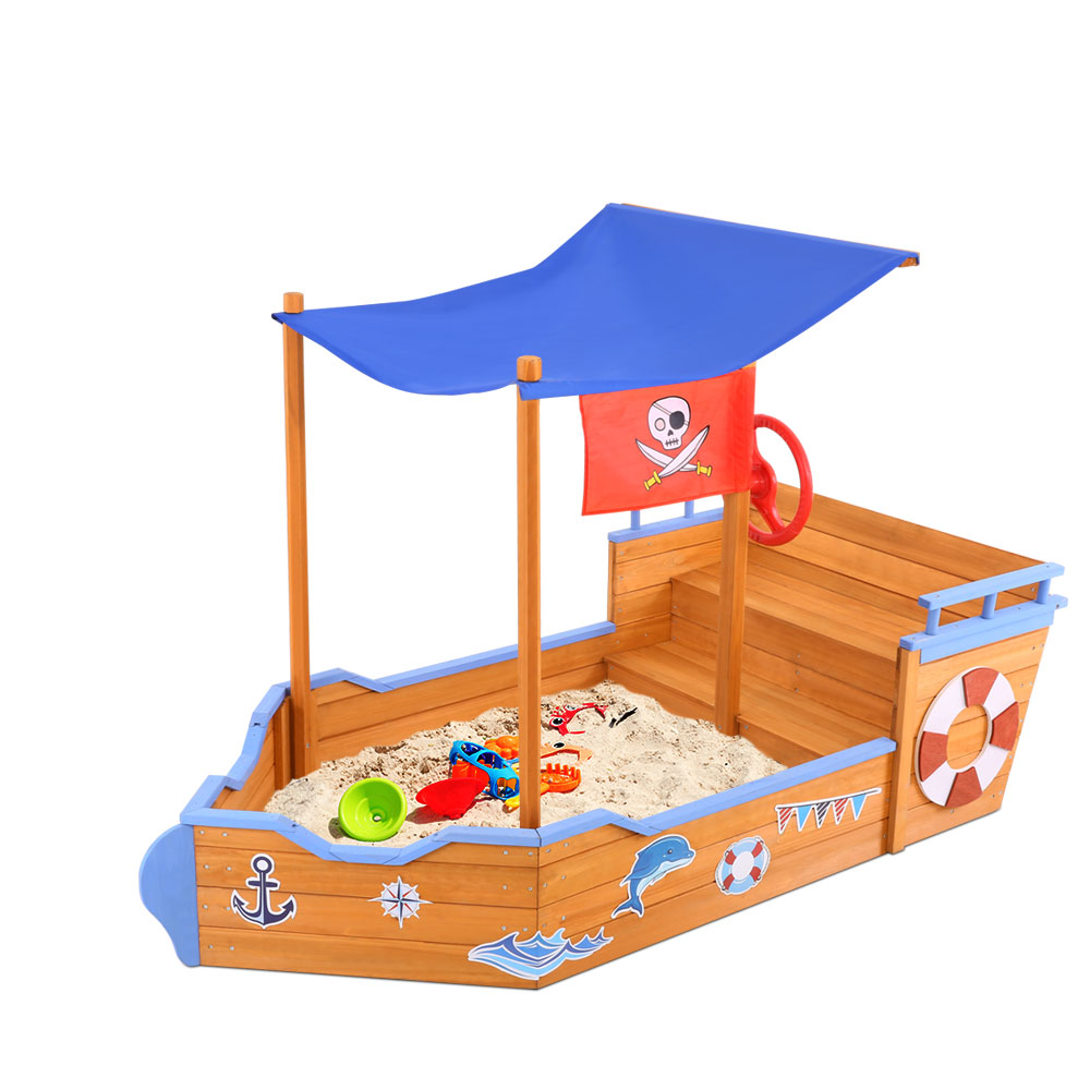 SAND-BOAT-160-CANOPY-00 Keezi Kids Sandpit Wooden Boat Sand Pit with Canopy Bench Seat Beach Toys 165cm - Image 1