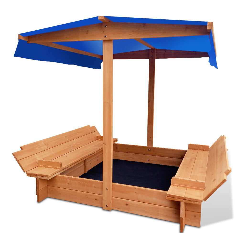 SAND-CANOPY-120-00 Keezi Kids Sandpit Wooden Sandbox Sand Pit with Canopy Foldable Seat Toys 120cm - Image 1