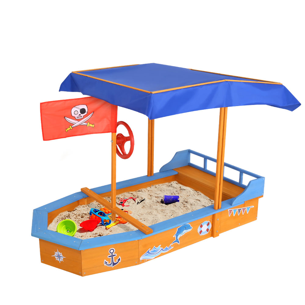 SAND-JUMBO-CANOPY-00 Keezi Kids Sandpit Wooden Boat Sand Pit with Canopy Bench Seat Beach Toys 150cm - Image 1