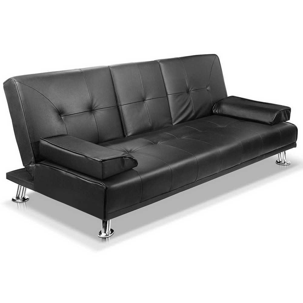 SBED-R1C-BK-202502281308-07 Artiss Sofa Bed Lounge Convertible Leather Couch Bed 3 Seater Cupholder Recliner - Image 1