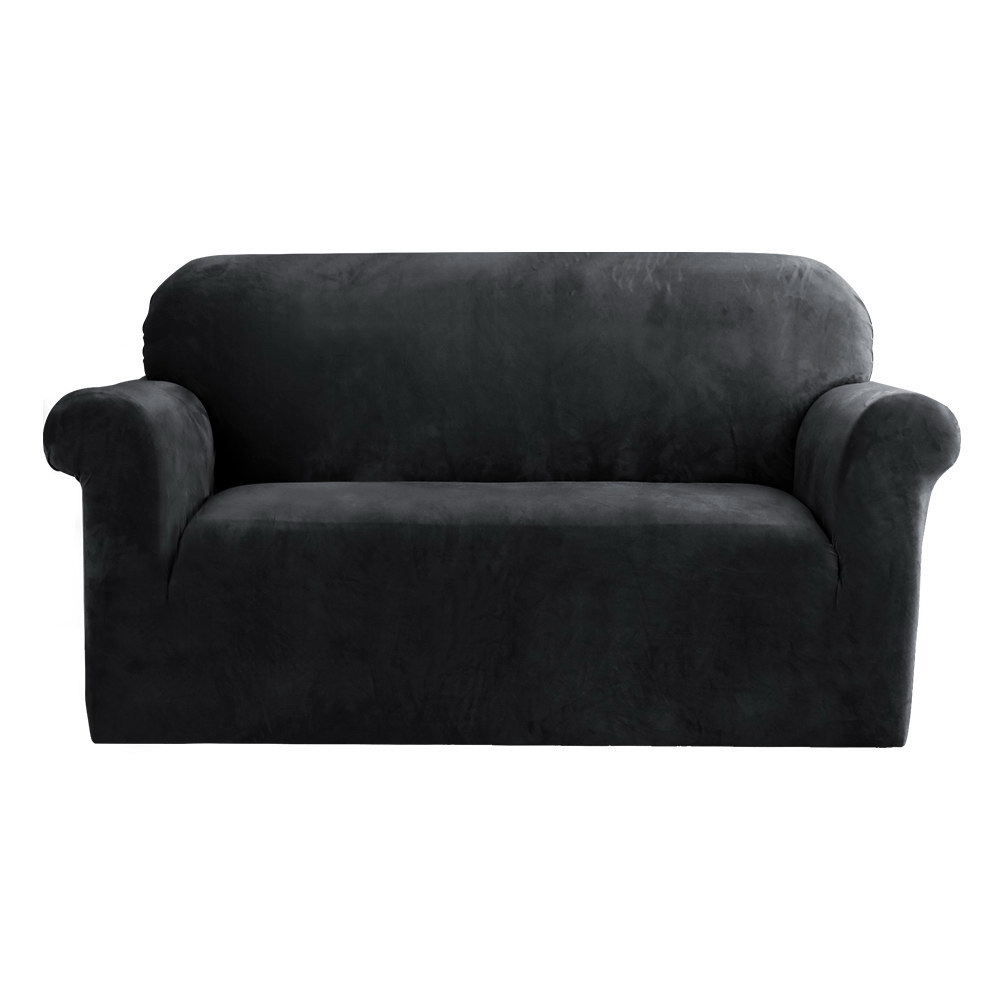 SCOVER-VEL-2-BK-00 Artiss Sofa Cover Couch Covers 2 Seater Velvet Black - Image 1