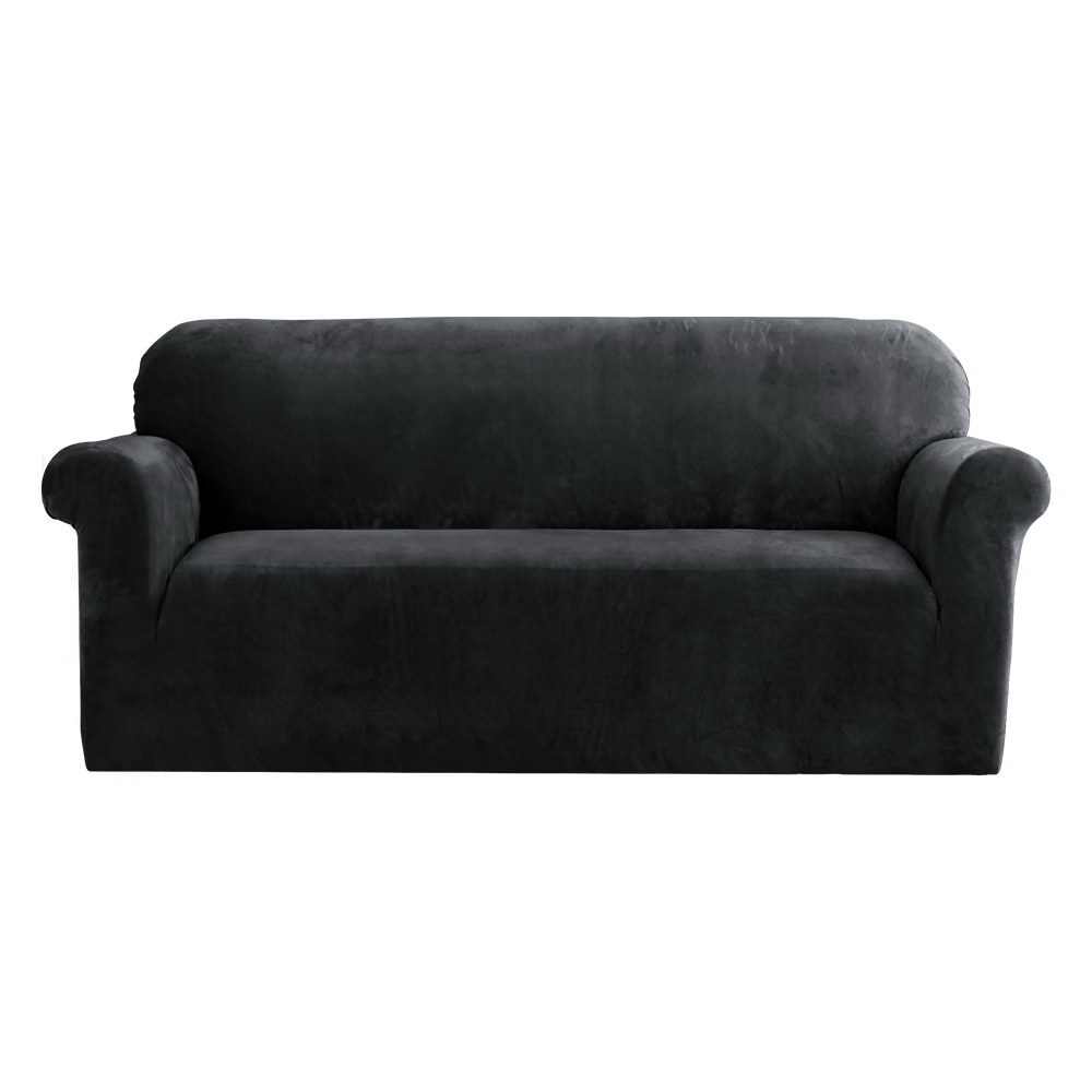 SCOVER-VEL-3-BK-00 Artiss Sofa Cover Couch Covers 3 Seater Velvet Black - Image 1