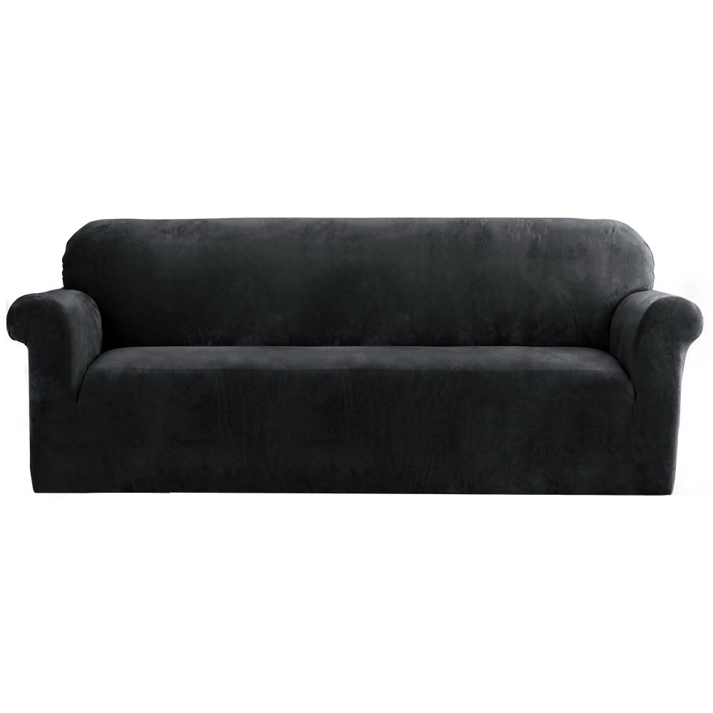 SCOVER-VEL-4-BK-00 Artiss Sofa Cover Couch Covers 4 Seater Velvet Black - Image 1