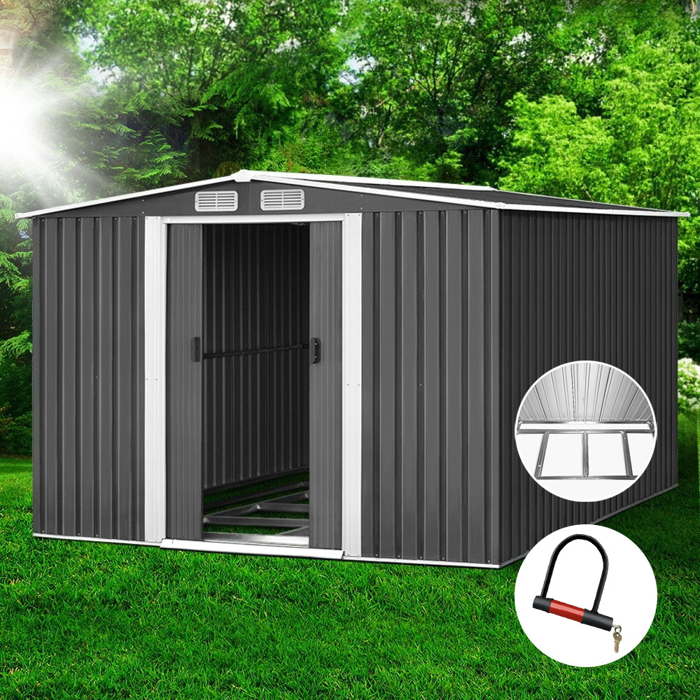 SHED-GAB-10X8X6-BS-ABC-202502281814-00 Giantz Garden Shed 2.58x3.14M w/Metal Base Sheds Outdoor Storage Workshop Shelter Sliding Door - Image 1
