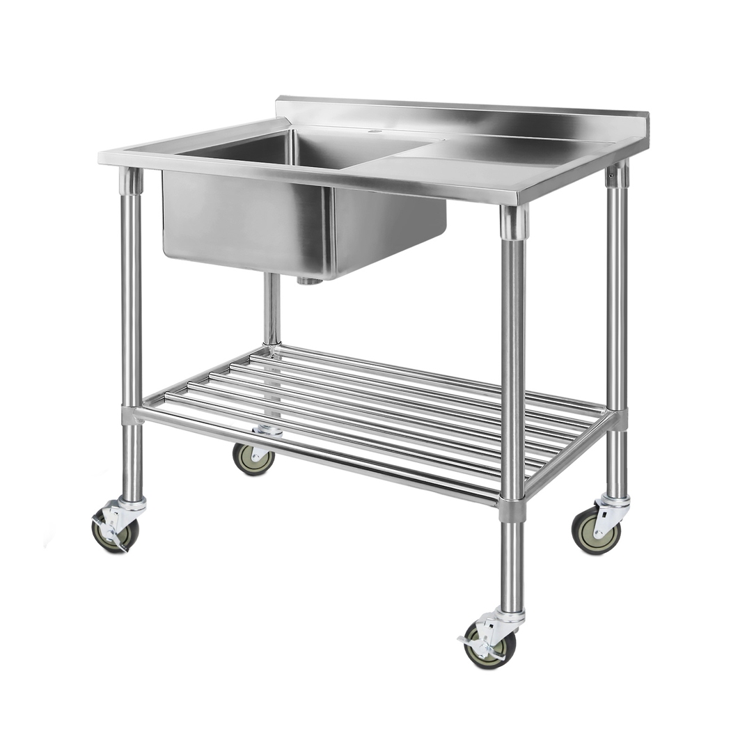 SSKB-SINK-WHEEL-L100-187643-00 Cefito Stainless Steel Sink Bench Kitchen Work Benches Bowl Wheels 304 - Image 1
