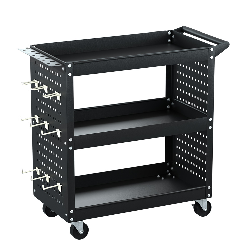 TB-CART-3T-N-BK-87801-00 Giantz 3-Tier Tool Cart Storage Trolley Workshop Garage Pegboard Hooks Black - Image 1