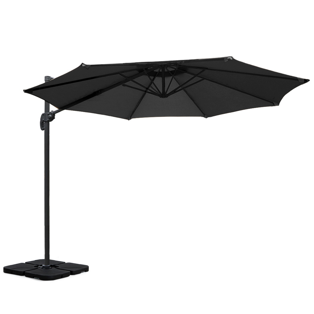 UMB-ROMA-BASE-50N-BK-72635-00 Instahut 3m Outdoor Umbrella w/Base Cantilever Beach Roma 360 Degree Tilt Black - Image 1