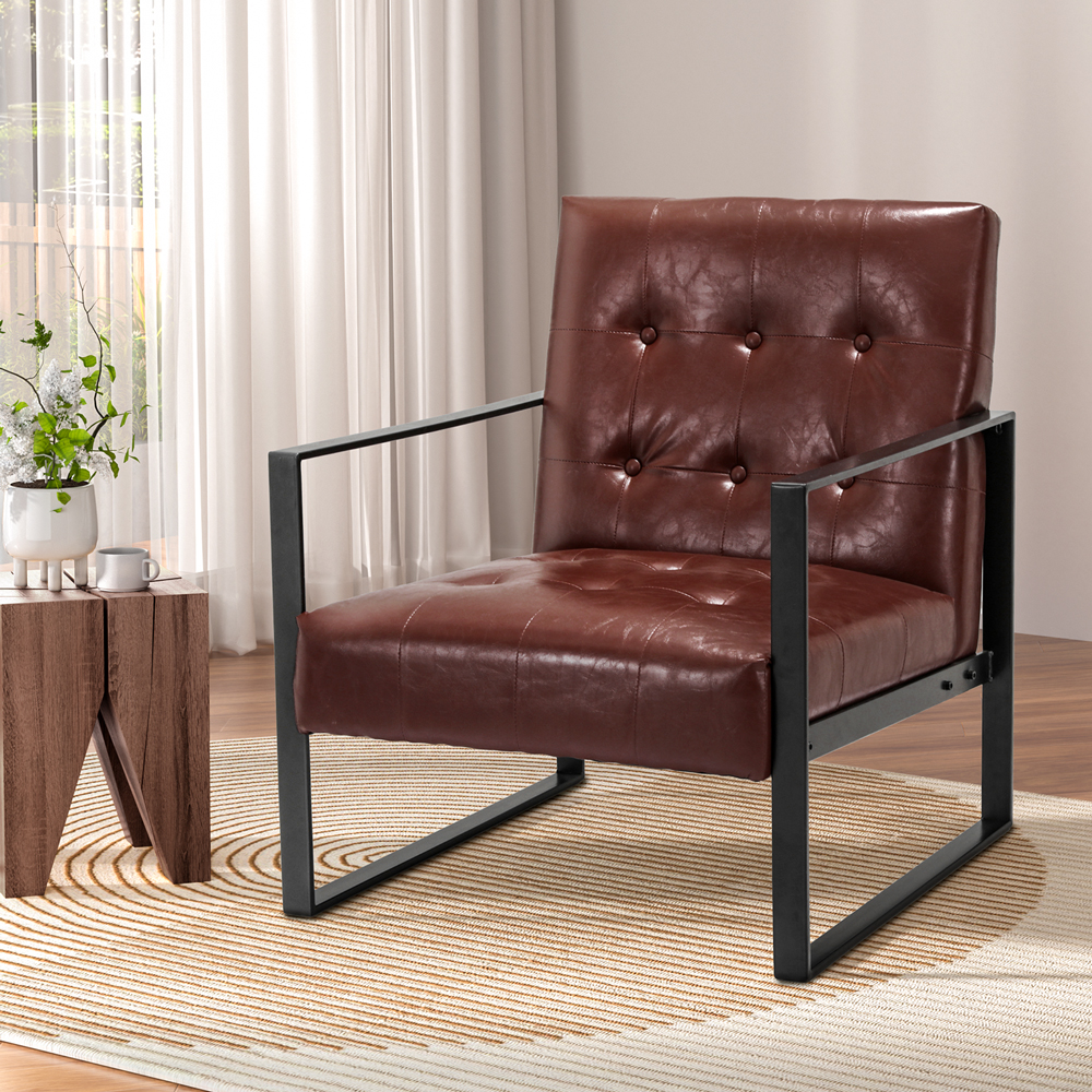 UPHO-C-ARM-01-PU-BR-145660-06 Artiss Armchair Lounge Chair Accent Chairs PU Leather Sofa Brown Metal Frame - Image 1