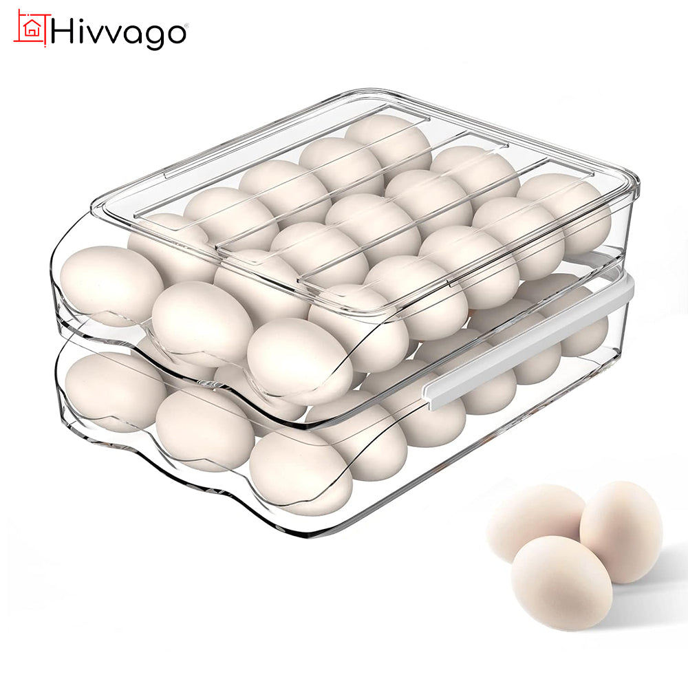 V1003-HWS101-EGH-CLR-202507041135-00 Hivvago 2 Layers Automatic Rolling Clear Egg Refrigerator Organizer with Lid - Image 1