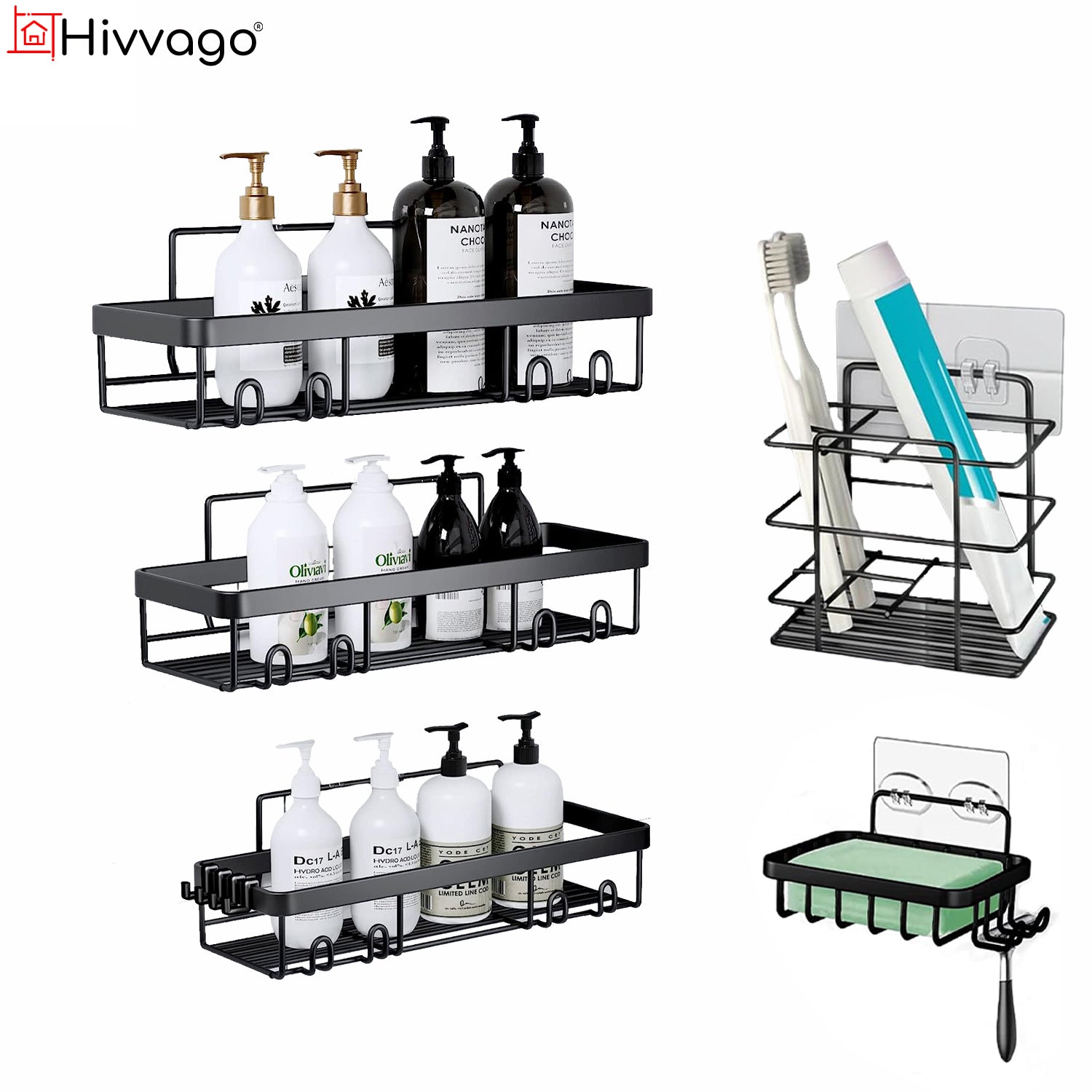 V1003-HWS104-BSO-BK-5PK-202507041135-00 Hivvago Stainless Steel Bathroom Organizer with Adhesive Shelves - Image 1