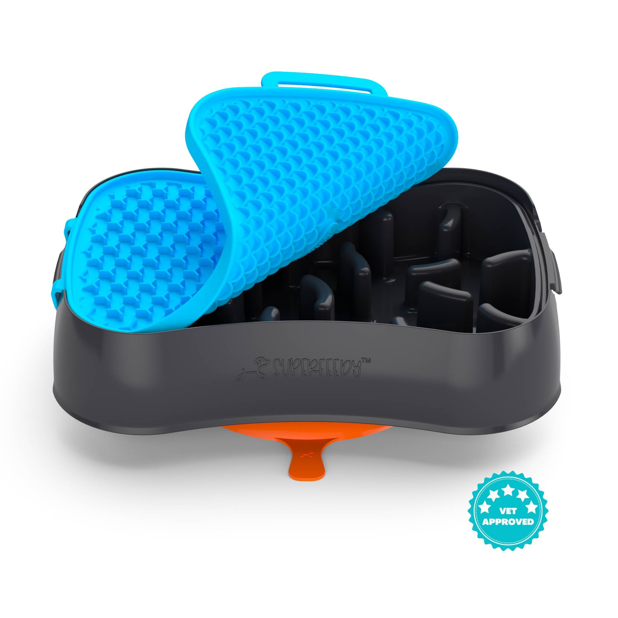 V1023-SF-4IN1-DG_DB-202505081121-00 4-in-1 Slow Feeder Dog Bowl - Dark Grey Bowl with Blue Lickmat - Image 1