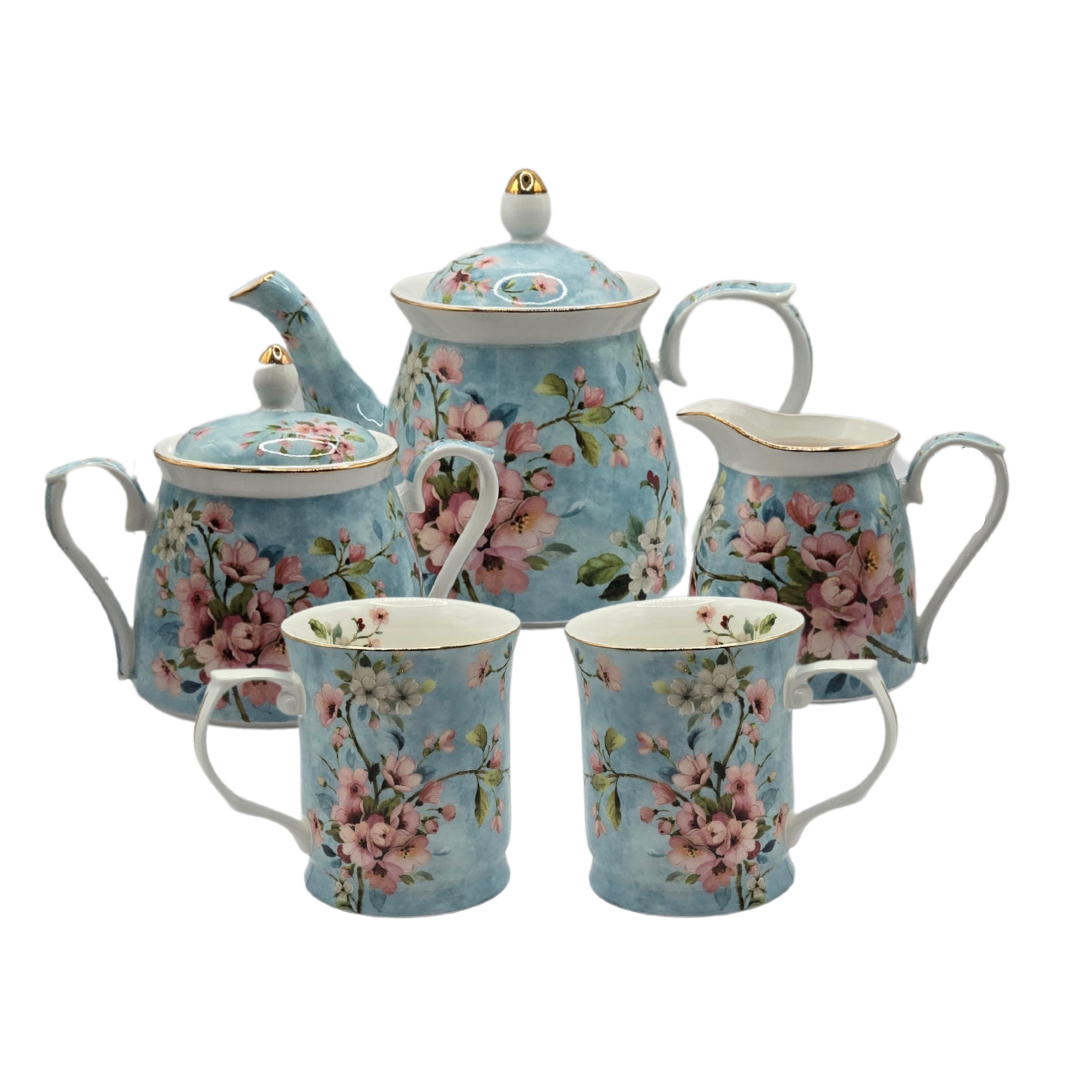 V1026-KLCCW1173L-CW1213-CW1214-202506231536-00 Peach Blossom Fine Bone China Tea Set for 2 - 5-Piece Floral Set - Image 1
