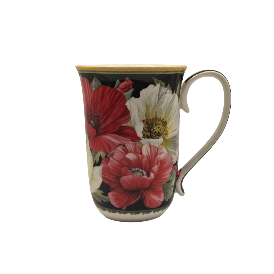 V1026-KLCCW1271-202507031635-00 Elegant Poppies Fine Bone China Mug - 405ml Black Floral Teacup - Image 1