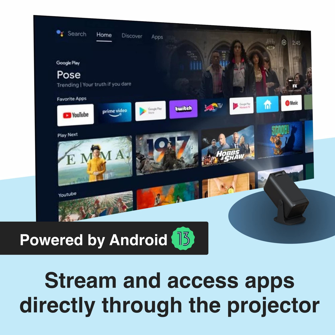 V1031-PJ-TUFHA3-065-202506191020-00 Laser 1080p Android Multi-Angle LED Projector Black - Image 1