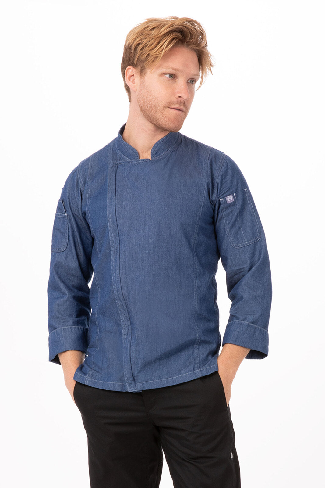 V107-EXDZ001-IBL-XS-217611-00 Gramercy Men's Denim Indigo Blue XS Zipper Chef Jacket by Chef Works - Image 1