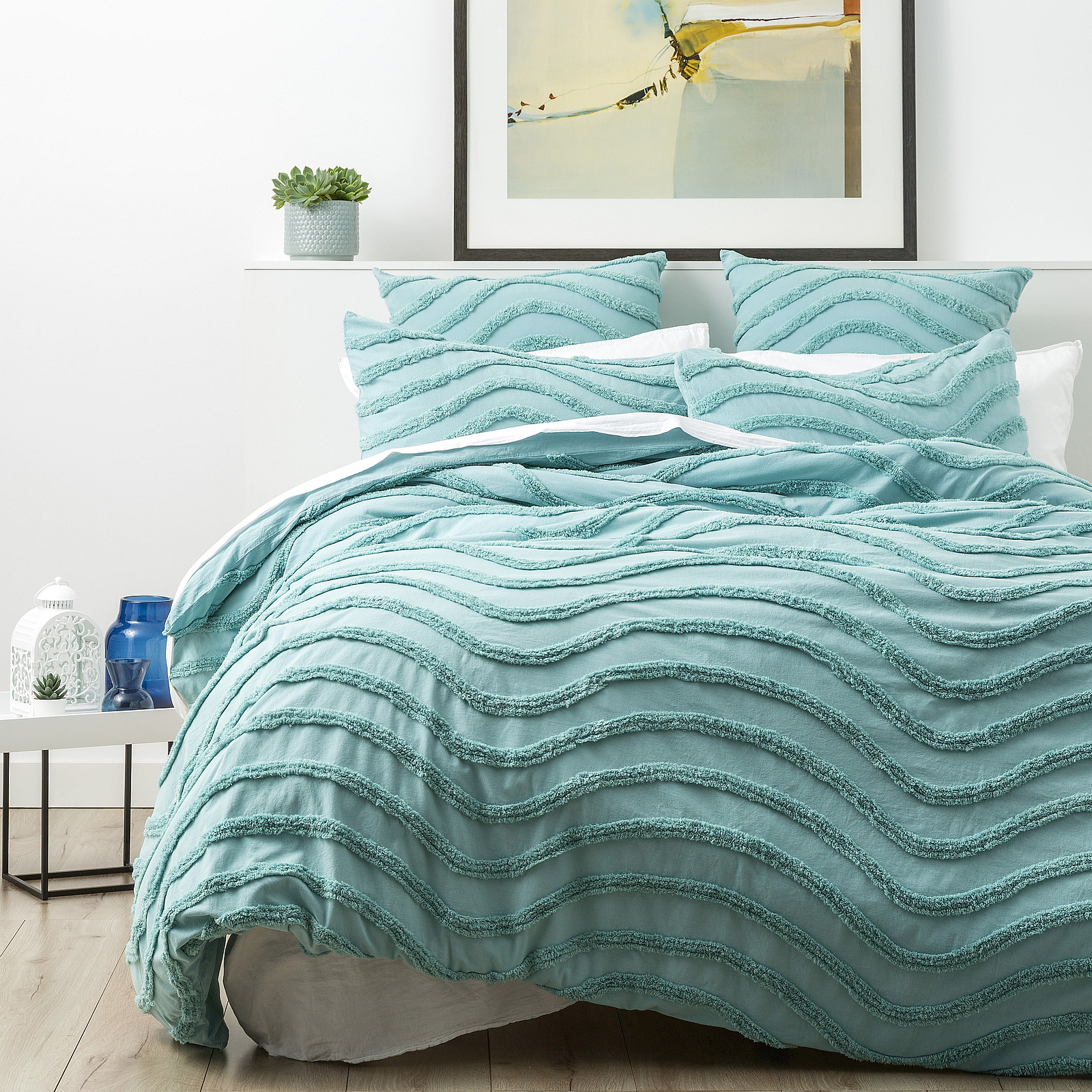 V107-SH312960-196710-00 Chenille Wave 100% Cotton Vintage Washed Aqua Tufted Quilt Cover Set by Cloud Linen King - Image 1