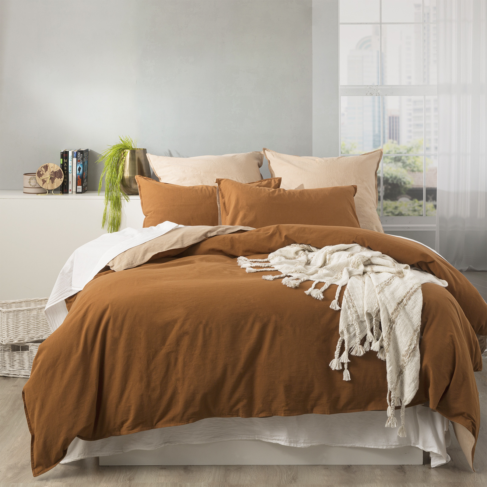 V107-SH320685-195814-00 Essentials Vintage Stone Washed Reversible Wood Quilt Cover Set by Renee Taylor Queen - Image 1