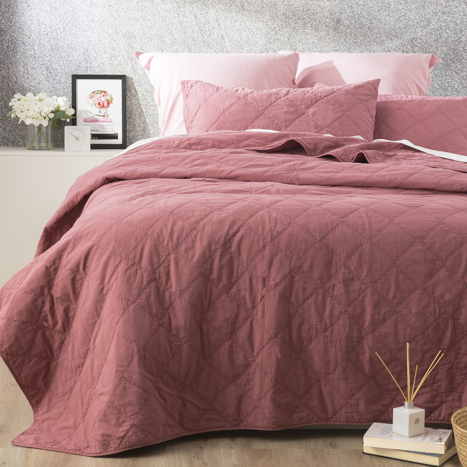 V107-SH320800-195862-00 Attwood Vintage Stone Washed Cotton Quilted Rose Coverlet Set by Renee Taylor Queen/King - Image 1