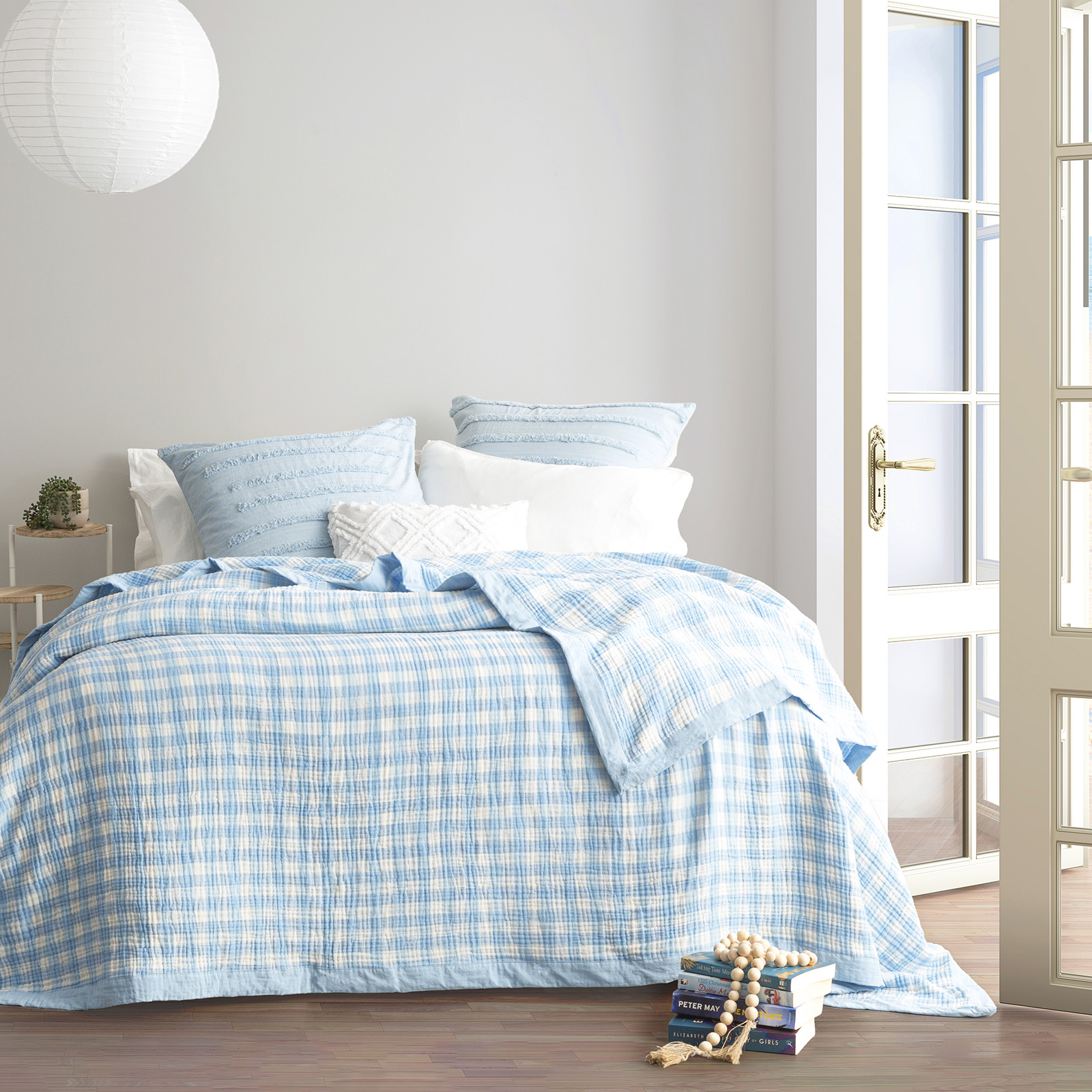 V107-SH323640-196841-00 Gingham Washed Cotton Yarn Dyed Revesible Textured French Blue Blanket by Renee Taylor Single/Double - Image 1