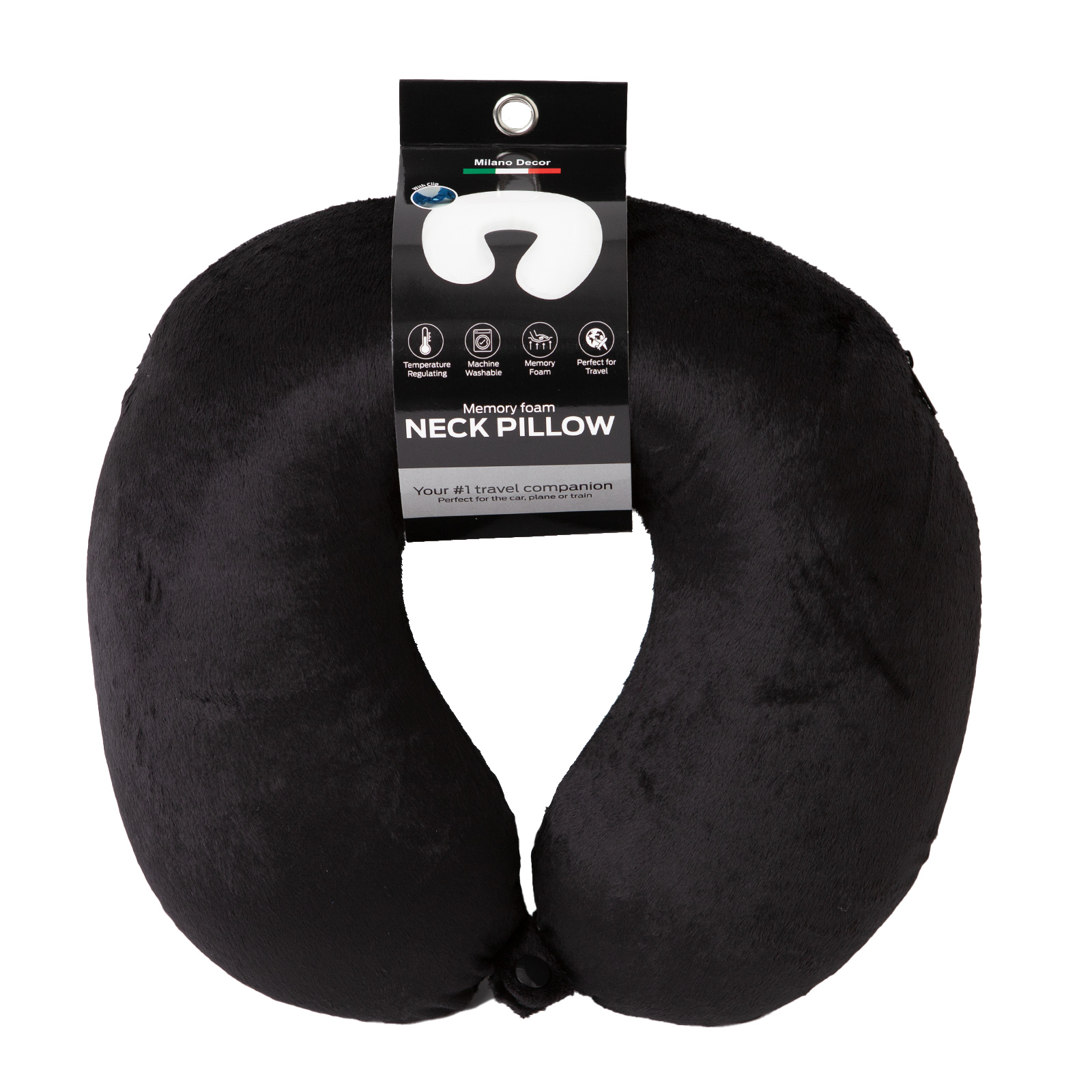 V160-10004244-10004244_1c-00 Milano Decor Memory Foam Travel Neck Pillow With Clip Cushion Support Soft Black - Image 1