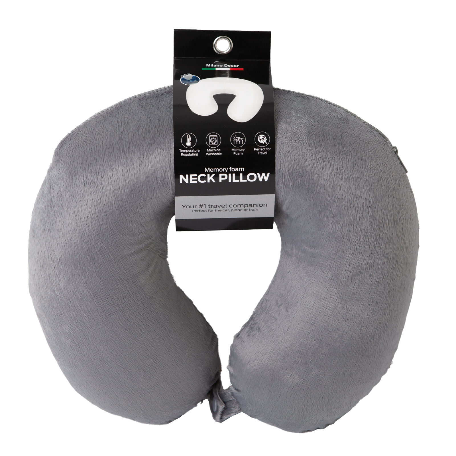 V160-10004245-10004245_1c-00 Milano Decor Memory Foam Travel Neck Pillow With Clip Cushion Support Soft Grey - Image 1
