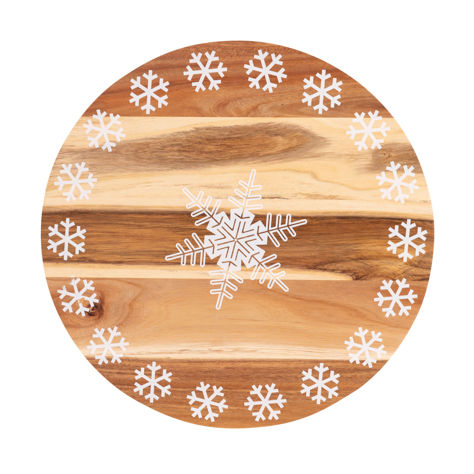 V160-10004449-195118-00 Bread and Butter 18 Inch Print Wooden Lazy Susan Tray - White Snowflake - Image 1