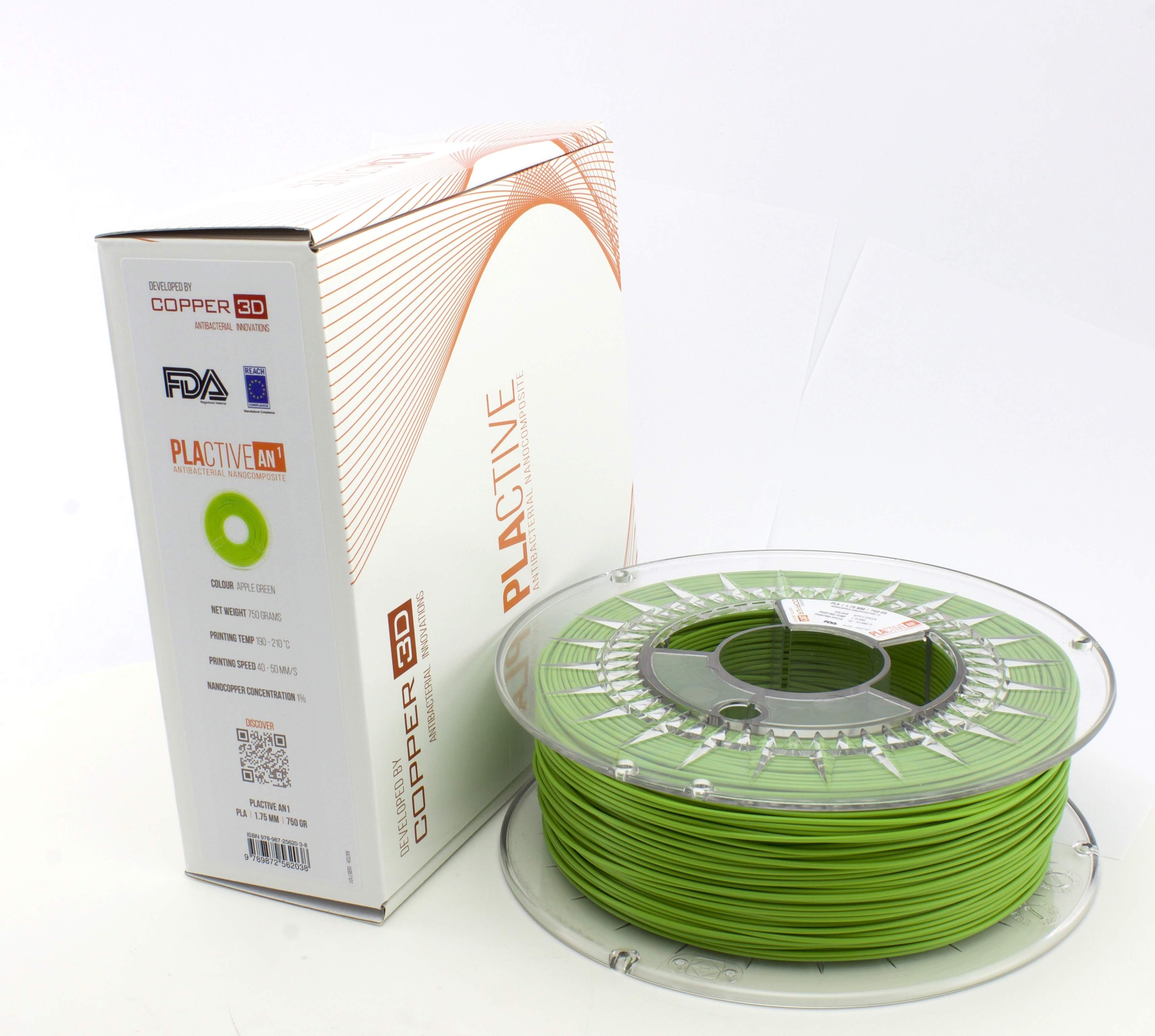 V177-285PLACT-GRN-0750_PLACTIVE__10019_1 PLA Filament Copper 3D PLActive - Innovative Antibacterial 2.85mm 750gram Apple Green Color 3D Printer Filament - Image 1
