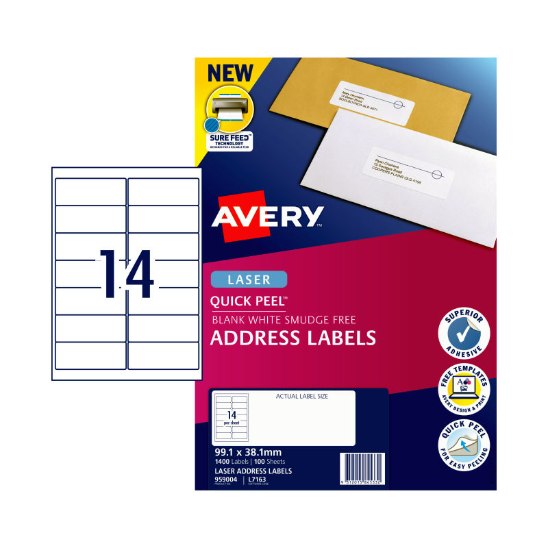 V177-D-AV959004-57894-00 AVERY Laser Label QP L7163 14Up Pack of 100 - Image 1