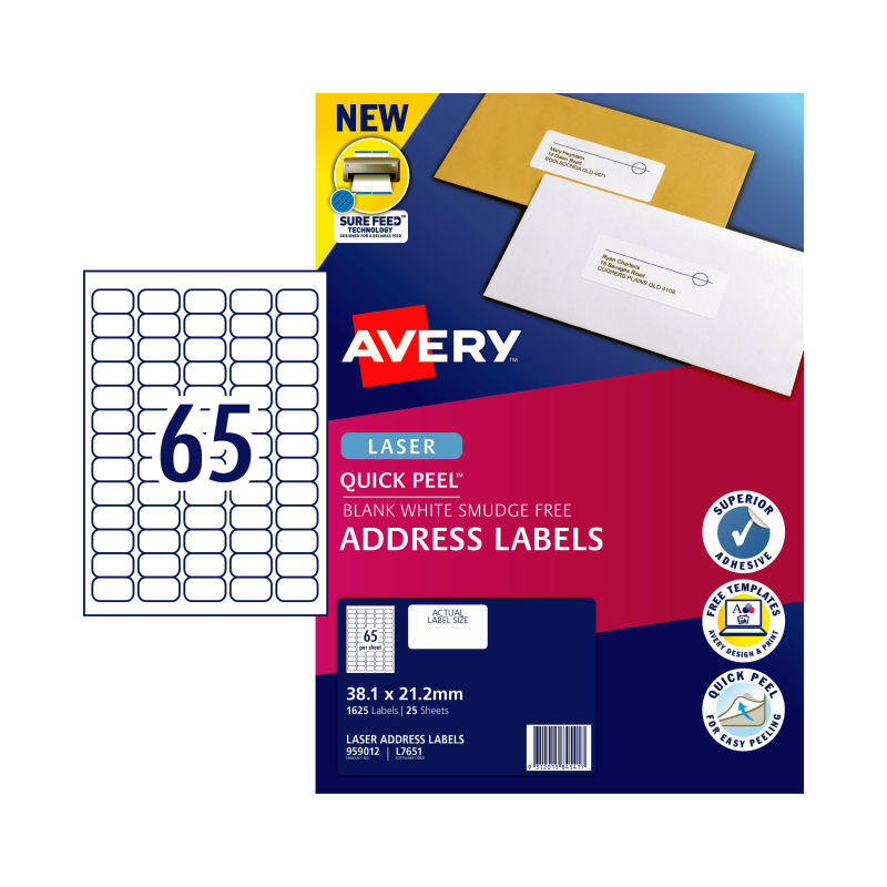 V177-D-AV959012-57899-00 AVERY Laser Label L7651 65Up Pack of 25 - Image 1