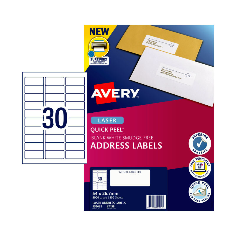 V177-D-AV959062-57908-00 AVERY Laser Label L7158 30Up Pack of 100 - Image 1
