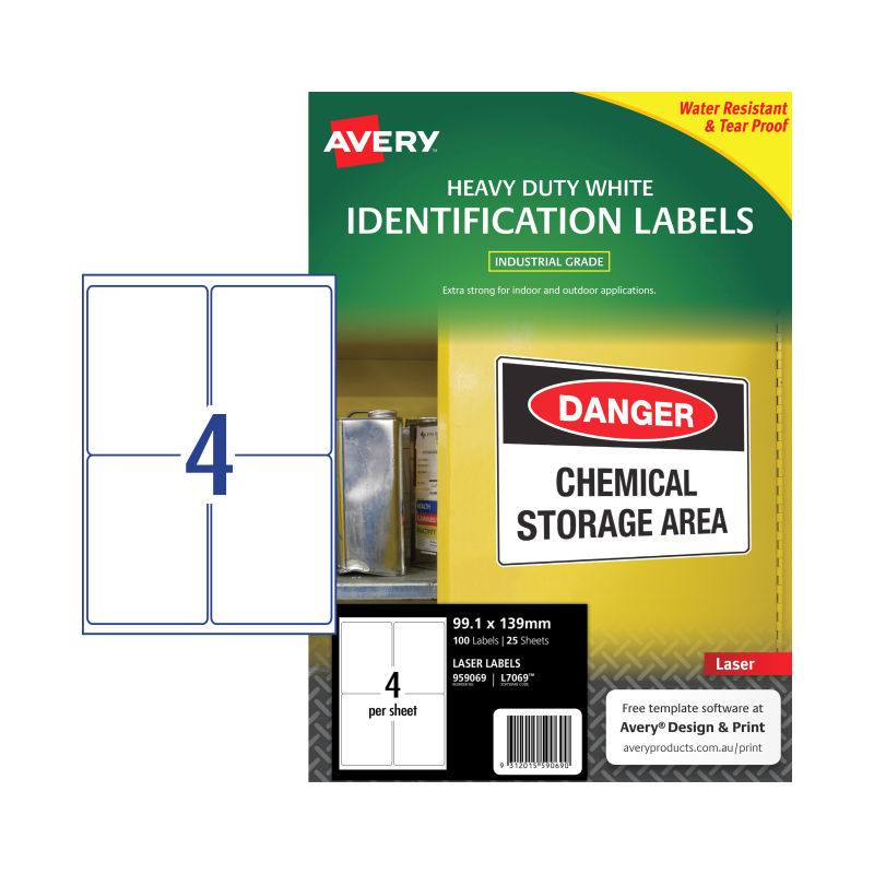 V177-D-AV959069-57913-00 AVERY Laser Label L7069 4Up Pack of 25 - Image 1