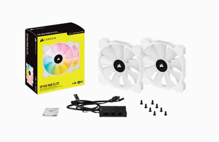 V177-L-CFCO-SP140RGBEL2PW_CFCO-SP140RGBEL2PW__60184 CORSAIR White SP140 RGB ELITE, 140mm RGB LED Fan with AirGuide, 68 CFM, Dual Pack with Lighting Node CORE - Image 1