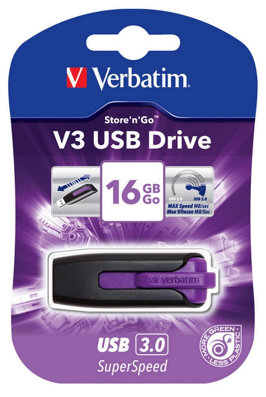 V177-L-USV-49180-USV-49180__43640-00 VERBATIM 16GB V3 USB3.0 Violet Store'n'Go V3; Rectractable - Image 1