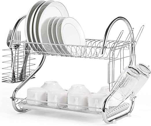 V178-12689_12689_1_bSOlSgtLv 2 Tier Dish Rack with Drain Board for Kitchen Counter and Plated Chrome Dish Dryer Silver 42 x 25,5 x 38 cm - Image 1