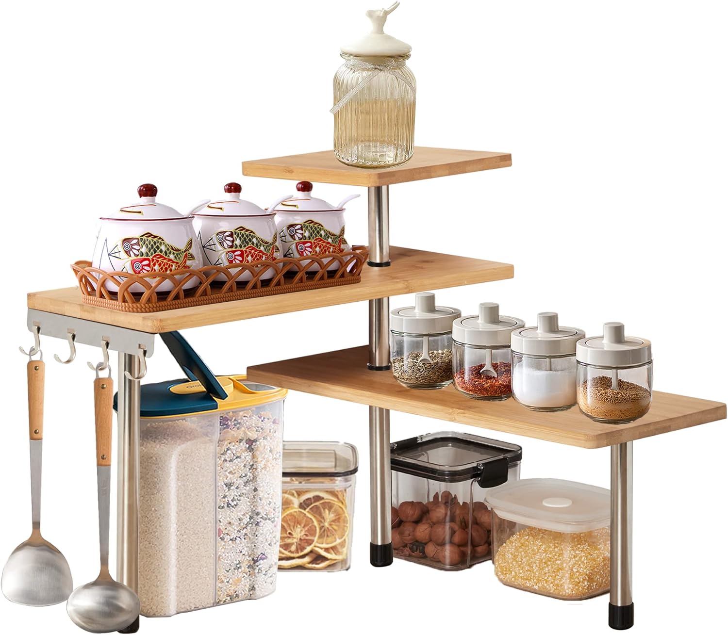 V178-36059-156814-00 CARLA HOME 3 Tier Corner Shelf Kitchen Spice Rack Organiser with Hooks for Home Storage & Organisation - Image 1