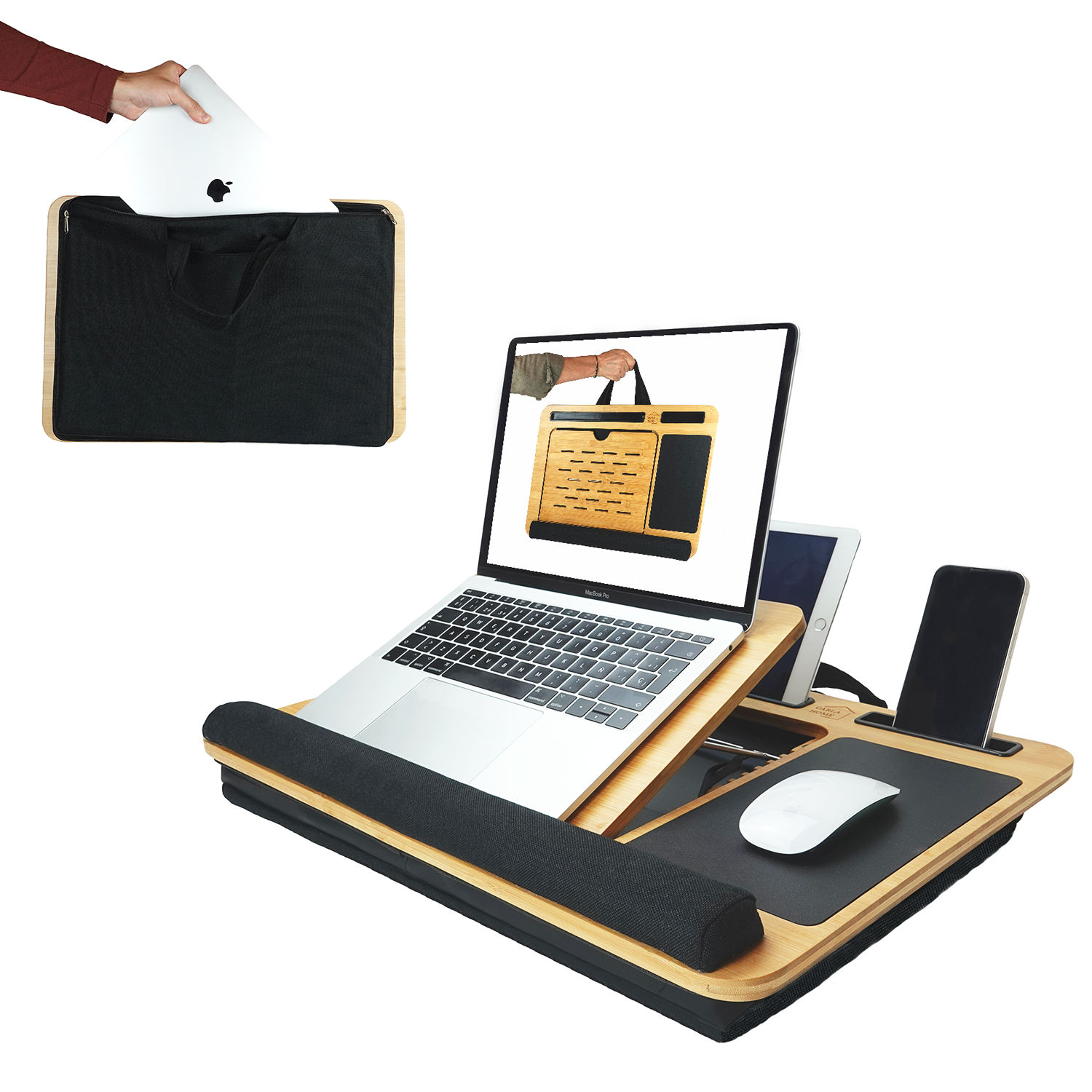 V178-36068-189731-00 CARLA HOME Bamboo Laptop Lap Desk with Cushion, Angle Adjustable and Sleeve Case Bag for Office and Home - Image 1