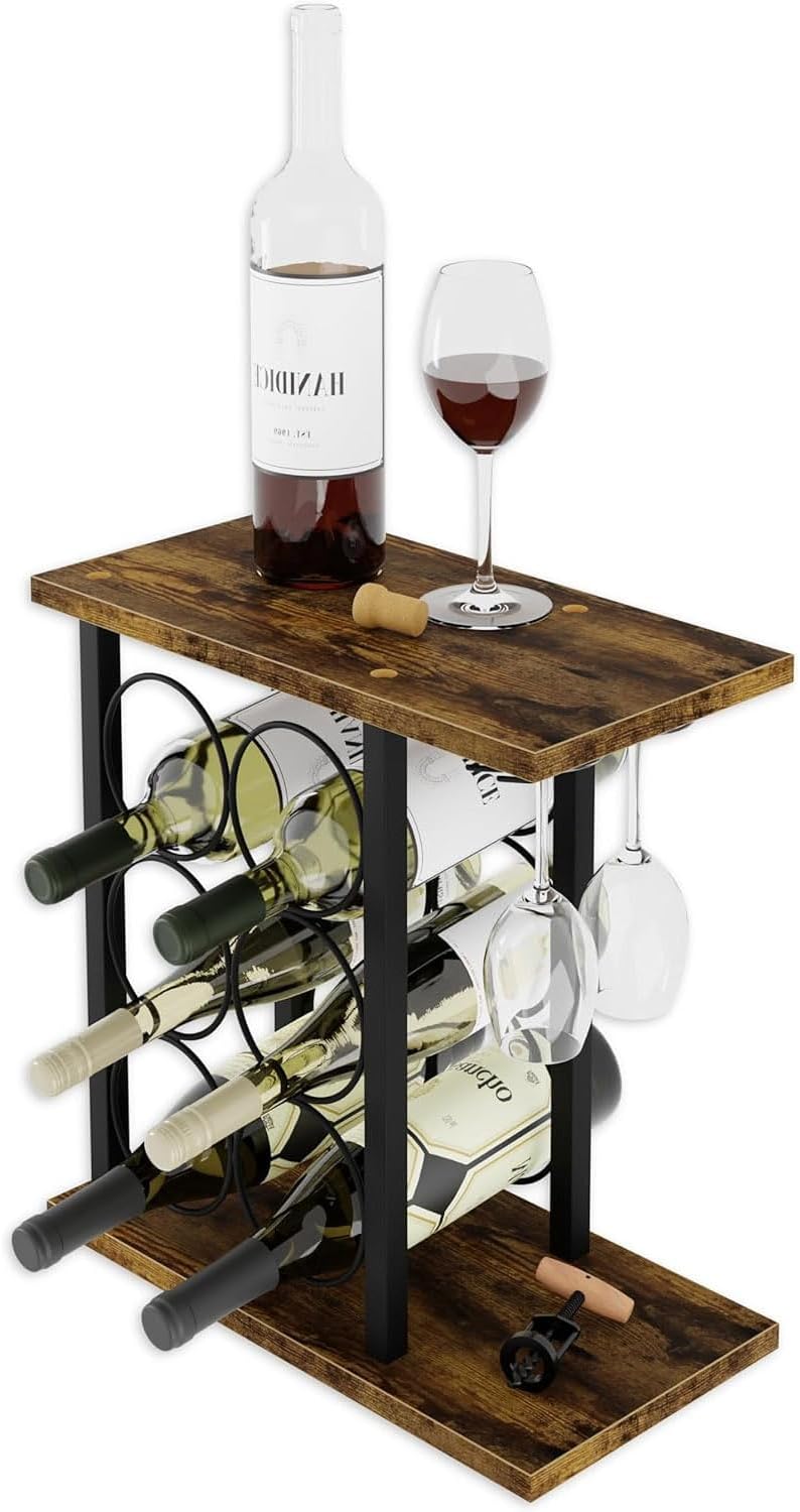 V178-36089-216270-00 Wine Rack Countertop Wooden & Metal Holder for 6 Bottles & 2 Glasses - Image 1