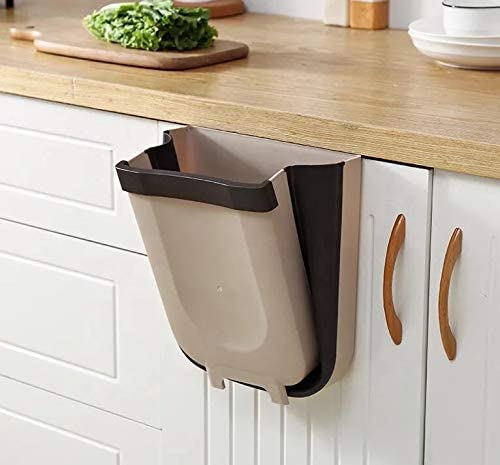 V178-40989-40989_1_b5QnEZ6nI-00_1 Hanging Trash Can Collapsible Small Garbage Waste Bin for Kitchen Cabinet Door (Beige) - Image 1