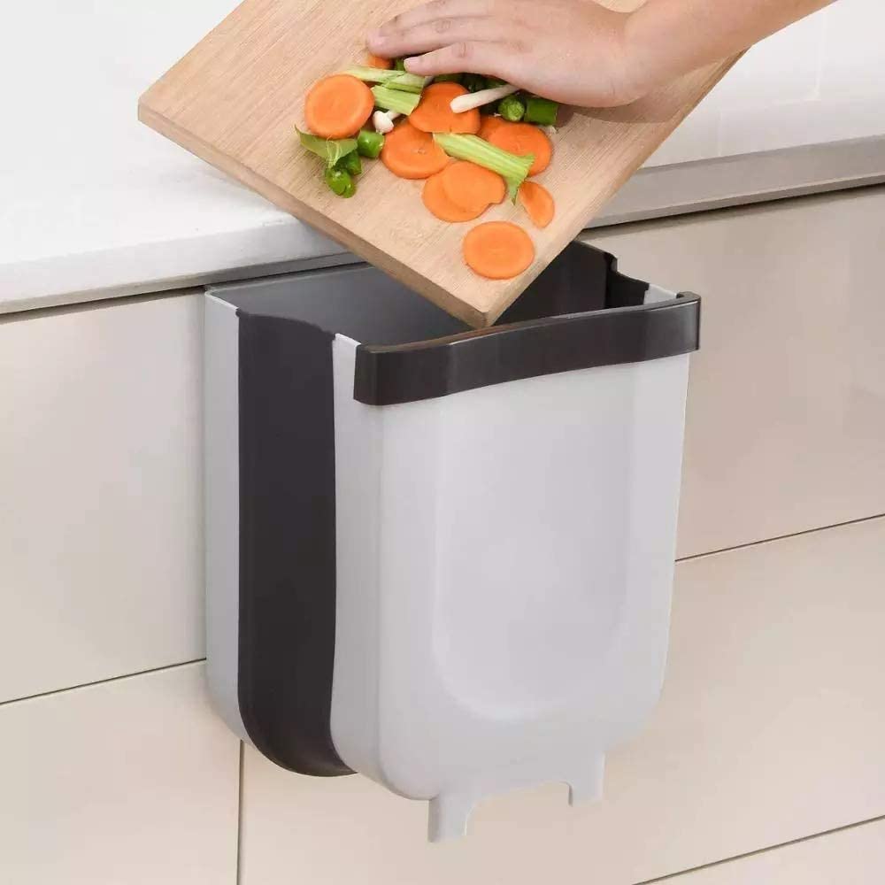 V178-40996-40996_1_zATuFFtA18-00 Hanging Trash Can Collapsible Small Garbage Waste Bin for Kitchen Cabinet Door (Grey) - Image 1